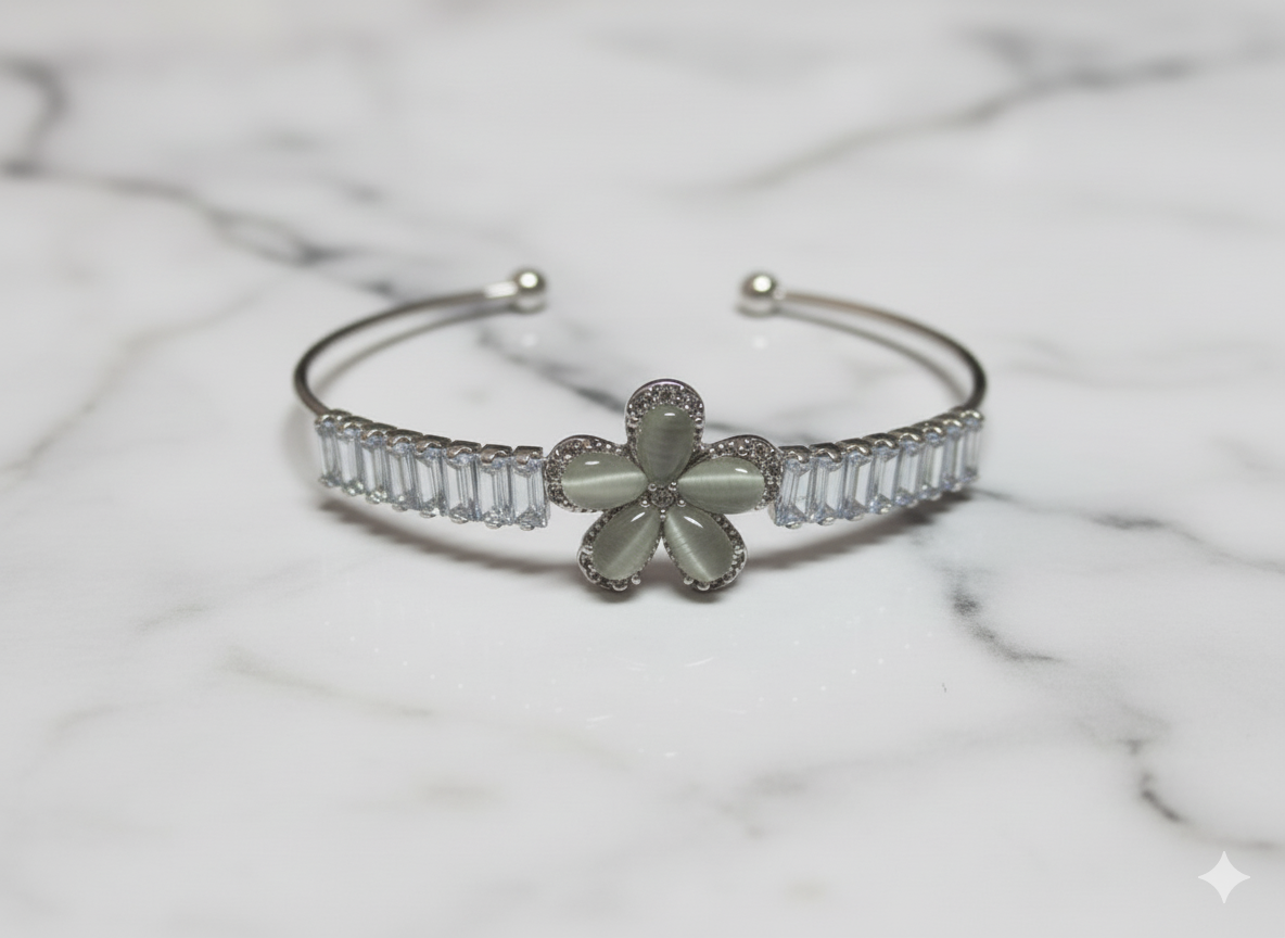 Elegant Floral Gemstone Open Cuff Bracelet - Image 2