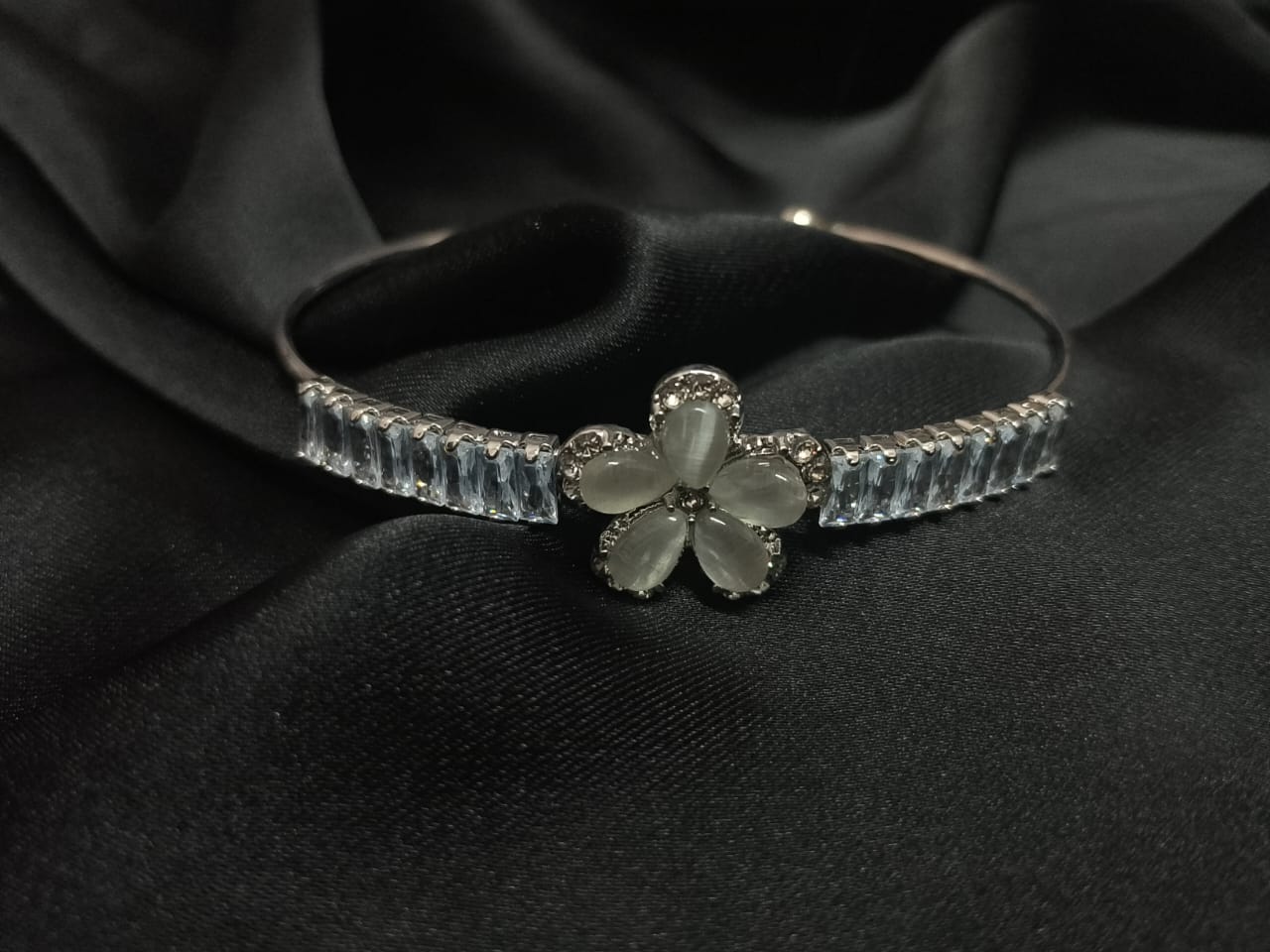 Elegant Floral Gemstone Open Cuff Bracelet